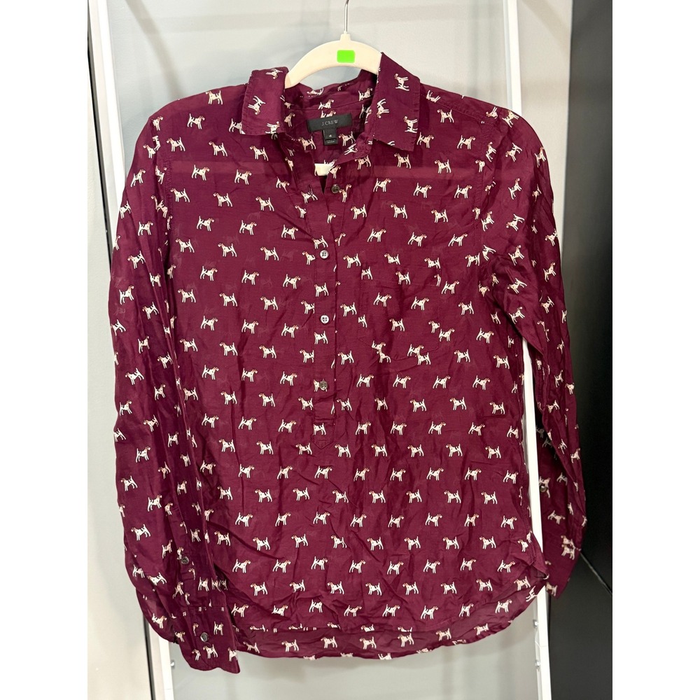 J.Crew Burgundy Cotton Silk Fox Terrier Dog Popover Shirt Womens 4 Equestrian